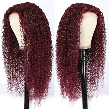 Aliannabelle 99J Burgundy Colored 13x4 Transparent Lace Front Wigs Curly Hair Human Hair Wig 180% Density